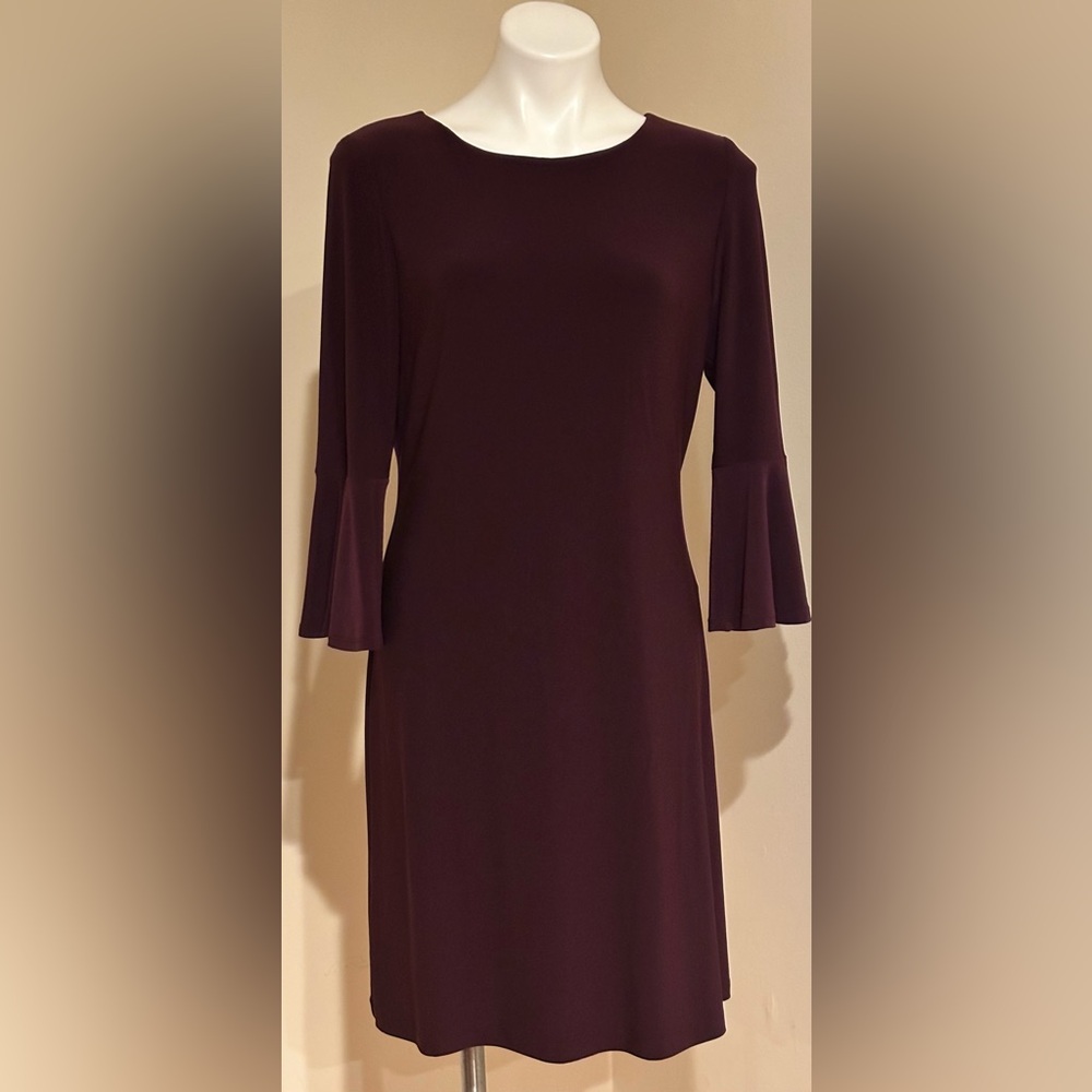 TOMMY HILFIGER Plumb Purple Sheath Dress 3/4 Bell Sleeves Boat Neck Sz 10.